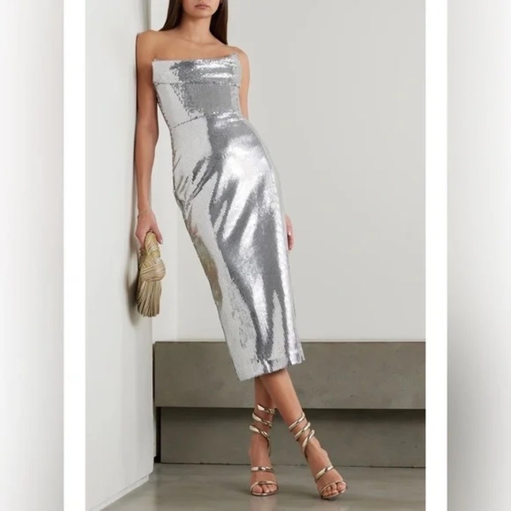 Alex Perry Sequin Curved Strapless Sheath Dress Silver